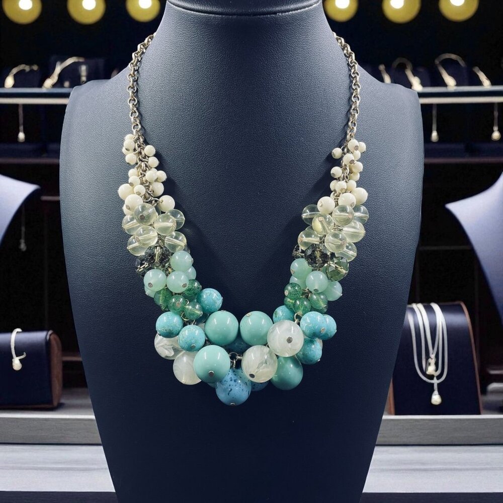 Lia Sophia Chunky Beaded Statement Necklace Aqua Teal‎ Layered Bold Trendy